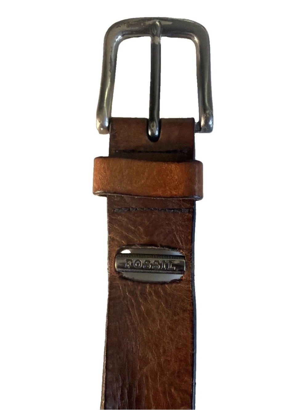 Vtg Fossil Full Grain Cowhide Leather Belt Brown Silvertone Buckle
